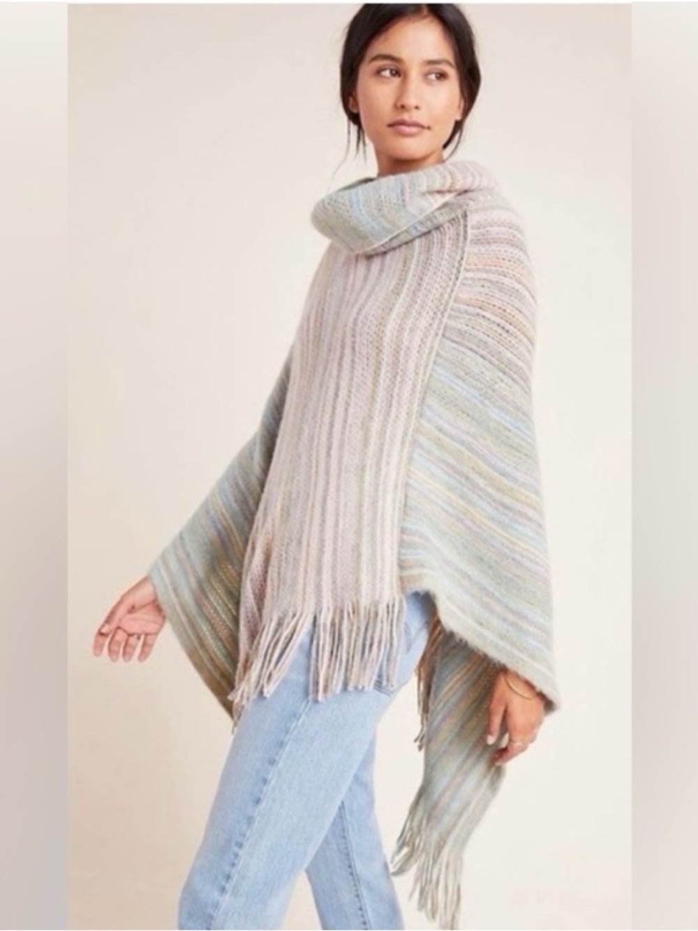 Anthropologie Saturday Sunday Vera Cowl Neck Fringe Poncho OS Bohemian Indie
